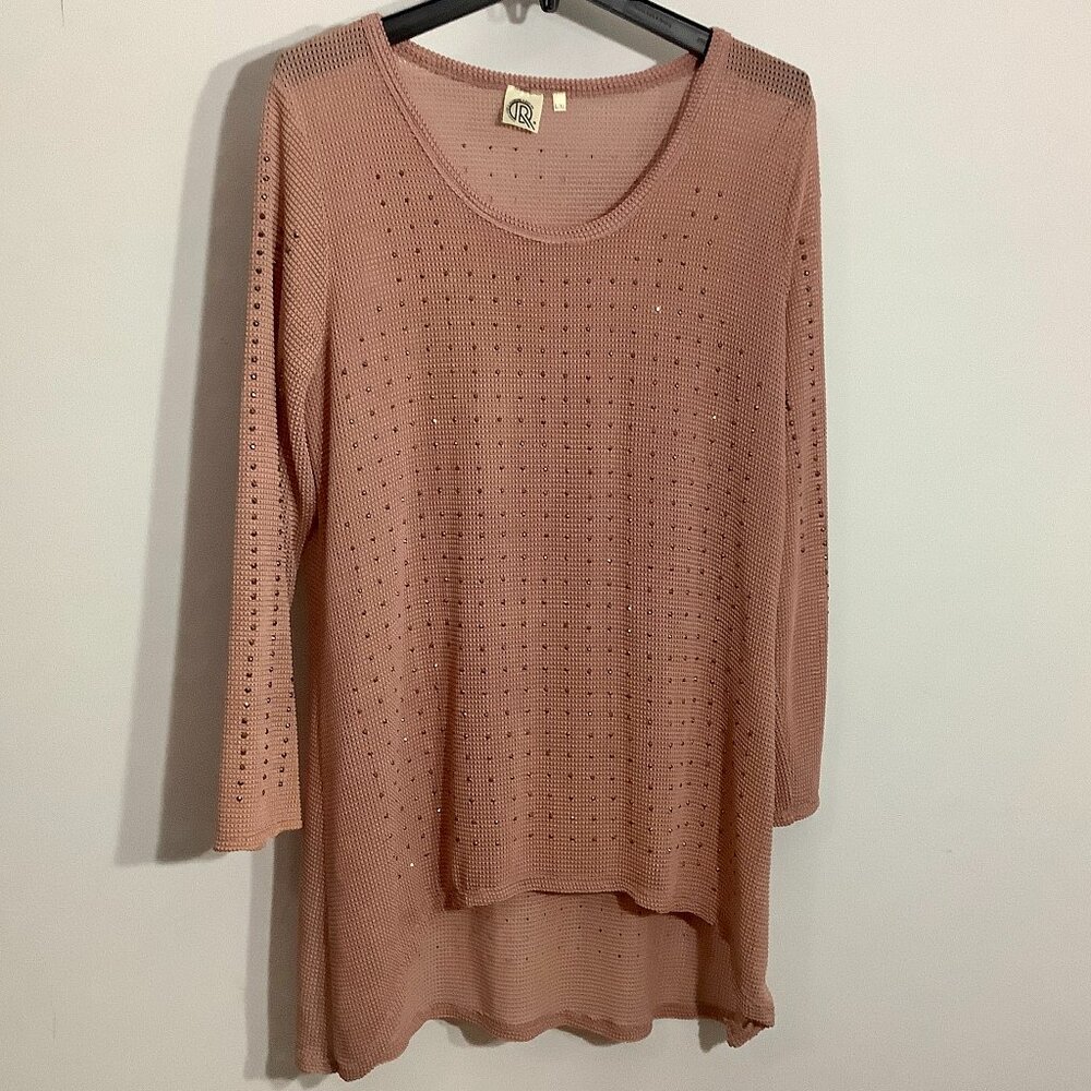 Tunic Top Knit Pink Glitz Silver Studs XL Round Neck Long Sleeve Slip On